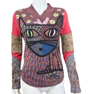 Custo Barcelona Womens Graphic Cat Print V-Neck Knit Top M Long Sleeve